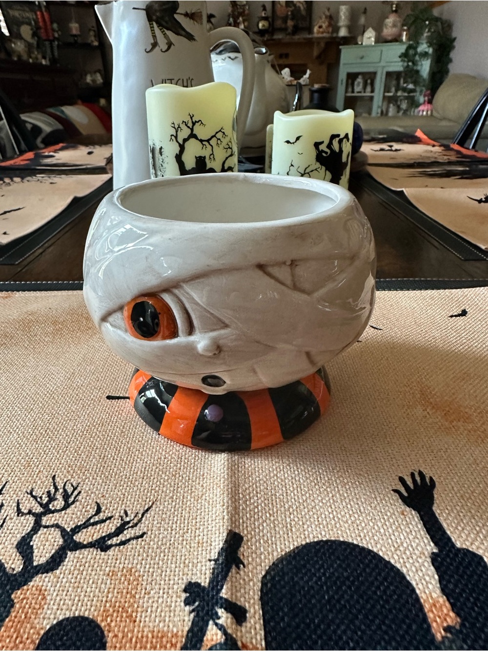 Ceramic Mummy Treat Bowl — White and Orange Halloween Candy Holder